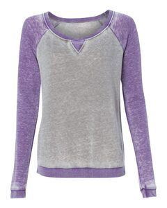 J. America 8927 - Ladies' Zen Fleece Raglan Sleeve Crewneck Sweatshirt Cement/ Very Berry