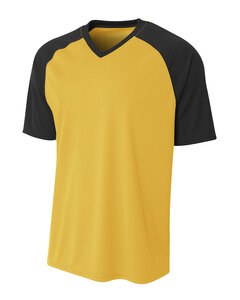 A4 N3373 - Adult Polyester V-Neck Strike Jersey with Contrast Sleeve Gold/Black