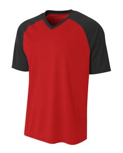 A4 N3373 - Adult Polyester V-Neck Strike Jersey with Contrast Sleeve Scarlet/Black
