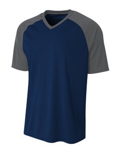 A4 NB3373 - Youth Polyester V-Neck Strike Jersey with Contrast Sleeves Navy/Graphite