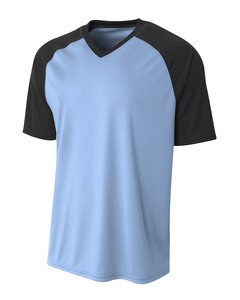 A4 NB3373 - Youth Polyester V-Neck Strike Jersey with Contrast Sleeves Light Blue/Blk