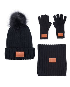 Leeman LG905 - Three-Piece Rib Knit Fur Pom Winter Set
